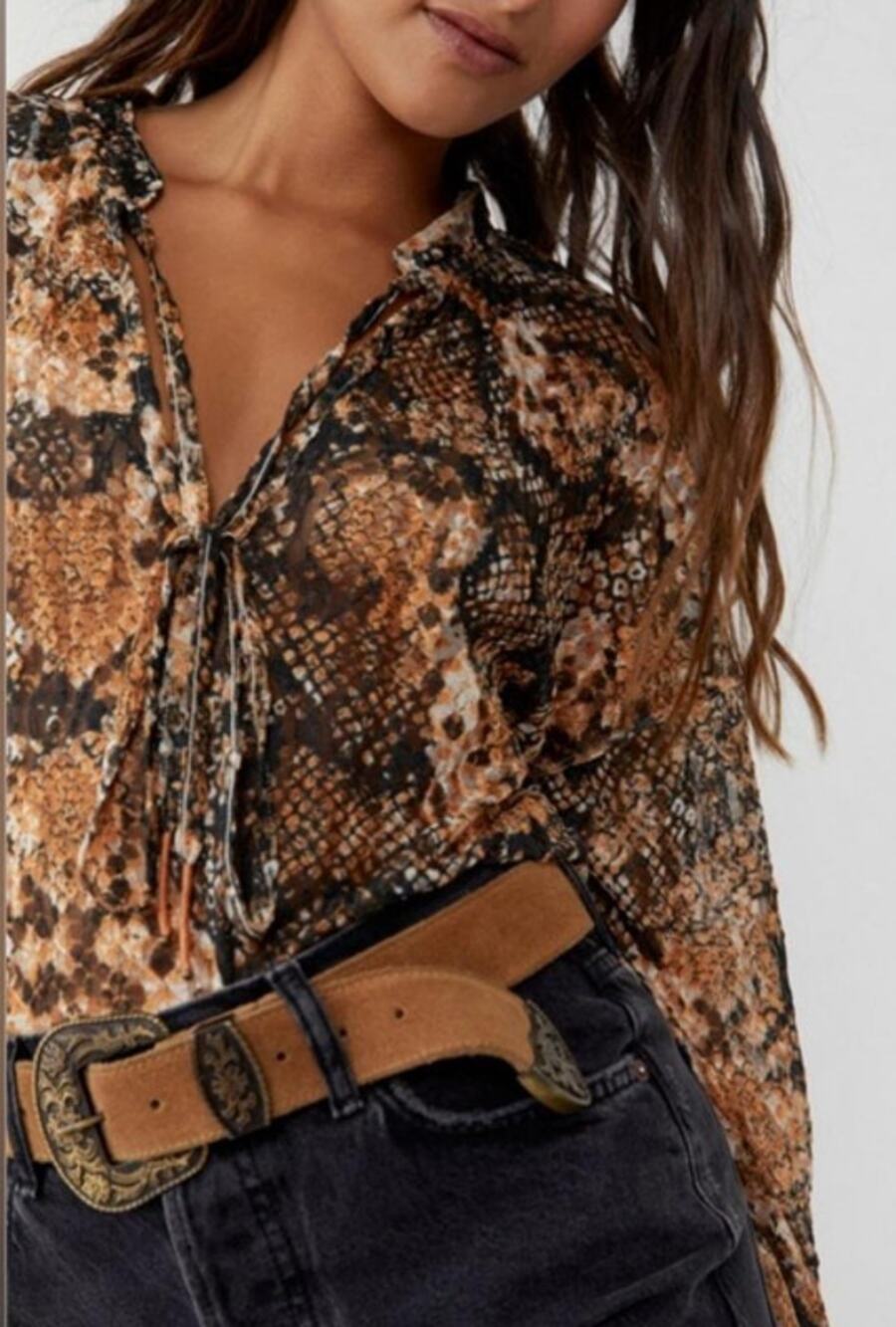 FREE PEOPLE Snake Print Blouse | XS | Boho Peasant Top | Sheer Tie Neck Top